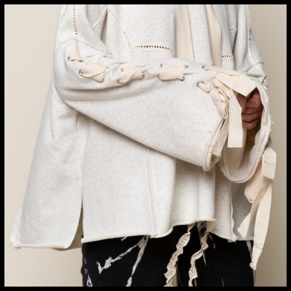 POL “Urban Chic” French Terry Hoodie Top Criss Cross Laces Down Sleeves Raw Hem - Picture 16 of 16